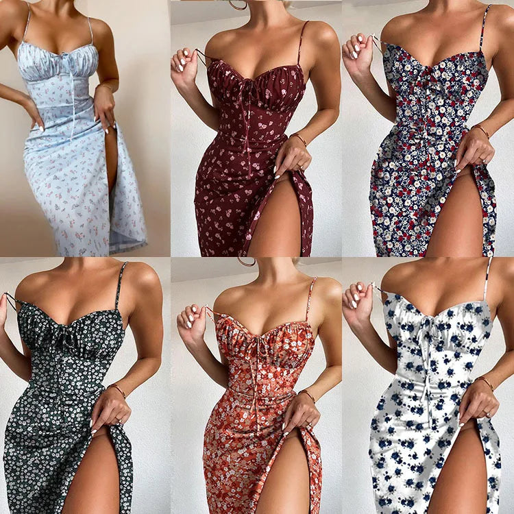 2024 Summer Floral Dresses Women Sexy Lace Up Backless Spaghetti Strap Maxi
