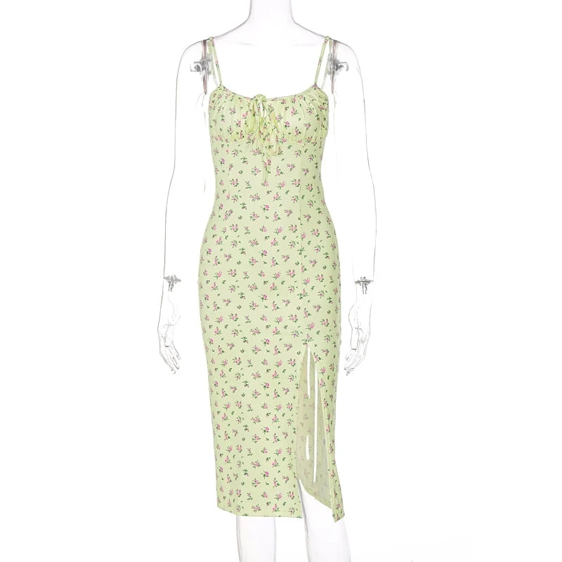 2024 Summer Floral Dresses Women Sexy Lace Up Backless Spaghetti Strap Maxi